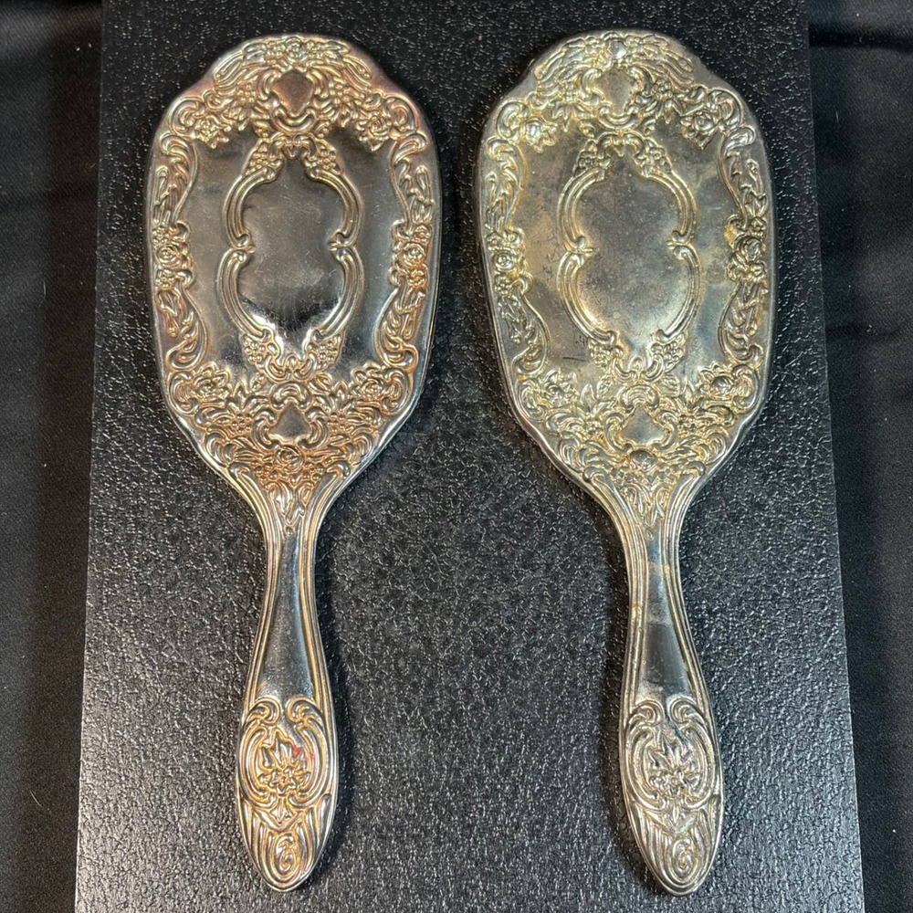 2 Antique Art Nouveau Silver Plated Brush-Mirror Frames Ornate Floral Victorian